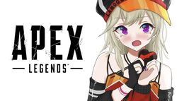  akue apex_legends black_headwear blonde_hair bow box detached_sleeves female gloves head_tilt heart-shaped_box highres komori_met komori_met_(1st_costume) logo looking_at_viewer nanashi_inc. partially_fingerless_gloves purple_eyes red_bow single_glove smile solo v_ap_art virtual_youtuber white_background 