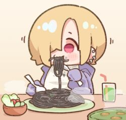  black_spaghetti blonde_hair bowl chibi ear_piercing earrings eating female food hair_over_one_eye holding holding_spoon idolmaster idolmaster_cinderella_girls jewelry one_eye_covered pasta piercing red_eyes shirasaka_koume solo spaghetti spoon takato_kurosuke 