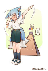  ah_zhong_(mountain_han) ahoge animal_ears ball black_socks blue_footwear blue_hair blush bowling bowling_ball bowling_pin bracelet chinese_text closed_eyes dab_(dance) ears_down failure female fox_ears fox_tail full-face_blush green_shorts jewelry long_hair mountain_han multiple_tails original shoes shorts signature socks solo standing tail tearing_up translated two_side_up 