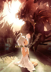  aragami backlighting black_gloves dress elbow_gloves female gloves god_eater god_eater_3 head_tilt highres horns looking_at_viewer looking_back monster non-web_source official_art on_floor phym_(god_eater) red_eyes short_hair single_horn sitting wariza white_dress white_hair white_legwear 