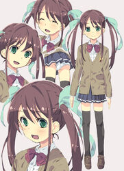  1boy :d blue_skirt bow brown_hair cardigan closed_eyes crossdressing green_eyes green_ribbons hair_ribbon homing_(areya) long_hair looking_at_viewer male_focus multiple_views original otoko_no_ko panties pantyshot red_bow ribbon school_uniform skirt smile thighhighs twintails underwear upskirt white_panties 