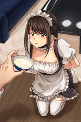  1boy arms_behind_back blurry blush bondage bound bound_wrists brown_eyes brown_hair choker commentary depth_of_field female food highres holding ice_cream kneeling looking_at_viewer maid maid_headdress original pov setu_kurokawa straight suggestive_fluid thighhighs white_legwear 