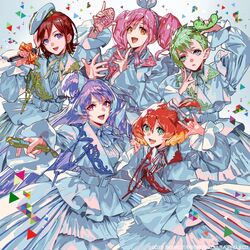  5girls \m/ album_cover blonde_hair blue_bow blue_dress blue_eyes blue_jacket blue_shirt bow brown_eyes colored_tips cover dress food freyja_wion green_hair hair_behind_ear hair_bun holding holding_food holding_microphone jacket kaname_buccaneer long_hair macross macross_delta macross_frontier makina_nakajima microphone mita_chisato multicolored_hair multiple_girls official_art oosanshouuo-san open_hand orange_hair parted_lips pink_hair pointy_ears purple_hair ranka_lee red_hair reina_prowler shirt short_hair short_sidetail single_hair_bun taiyaki textless_version twintails very_long_hair wagashi walkure_(macross_delta) 