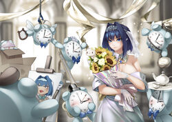  absurdres alternate_costume beret blue_bow blue_bowtie blue_eyes blush boros_(ouro_kronii) bouquet bow bowtie box breasts canvas_(object) cardboard_box cleavage clock commentary_request cup detached_collar dress fake_halo female flower gloves hairband halo harp hat highres ho2nium holding holding_bouquet holding_tray hololive hololive_english instrument kronie_(ouro_kronii) large_breasts object_on_head off-shoulder_dress off_shoulder ouro_kronii painting_(object) panties panties_on_head see-through see-through_gloves smile sunflower teacup teapot top_hat tray underwear virtual_youtuber white_gloves 