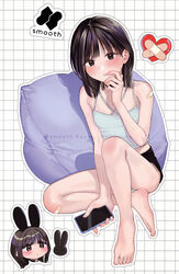  animal_ears bandaid bandaid_on_knee bandaid_on_leg bandaid_on_shoulder bare_shoulders barefoot black_eyes black_hair black_skirt camisole cellphone chibi chibi_inset cushion expressionless fake_animal_ears feet female flat_chest green_panties heart holding holding_phone legs looking_at_viewer medium_hair miniskirt nakamura_kuzuyu original panties pantyshot parted_lips phone rabbit_ears sitting skirt smartphone solo toes underwear white_panties 