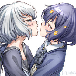  2girls after_kiss artist_name black_sailor_collar blue_eyes blue_hair commentary_request eye_contact konno_junko long_hair looking_at_another low_twintails mizuno_ai multiple_girls open_mouth red_eyes sailor_collar saliva saliva_trail school_uniform short_hair simple_background studiozombie twintails upper_body white_background yuri zombie_land_saga 