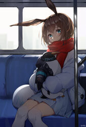  absurdres amiya_(arknights) amiya_(fresh_fastener)_(arknights) animal_ears arknights artist_name bad_id bad_pixiv_id blue_eyes blue_jacket blue_skirt brown_hair commentary feet_out_of_frame female highres holding holding_stuffed_toy indoors jacket long_sleeves looking_at_viewer miniskirt official_alternate_costume pleated_skirt pole puffy_sleeves rabbit_ears red_scarf scarf shao_(shaorouhong) shirt short_hair sitting skirt solo stuffed_animal stuffed_penguin stuffed_toy thighhighs white_shirt white_thighhighs zettai_ryouiki 