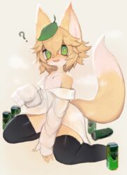  ? absurdres commentary_request female fox_girl furry furry_female green_eyes highres looking_at_viewer shirt short_hair sitting solo thighhighs uyu_(soda_uyu) white_shirt 