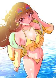  amanogawa_kirara bikini breasts brown_hair buta_obutu commentary day earrings eyewear_on_head female frilled_bikini frills go!_princess_precure gradient-tinted_eyewear highres hood hoodie jacket jewelry multicolor-tinted_eyewear necklace ocean outdoors precure purple_eyes small_breasts solo star-shaped_eyewear star_(symbol) star_earrings sunglasses swimsuit yellow_bikini yellow_jacket 