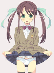  1boy :d blue_skirt blush bow bow_panties brown_hair bulge cardigan crossdressing green_eyes green_ribbons hair_ribbon homing_(areya) lifting_own_clothes long_hair male_focus open_mouth original otoko_no_ko panties red_bow ribbon school_uniform skirt smile solo thighhighs twintails underwear white_panties 