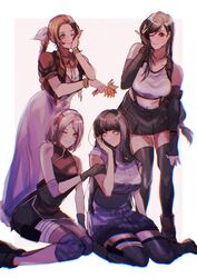  4girls aerith_gainsborough alternate_breast_size bandage_over_one_eye bangle bare_shoulders black_footwear black_gloves black_hair black_shorts black_skirt black_thighhighs blunt_bangs bracelet braid braided_ponytail breasts brown_hair byakugan crop_top cropped_jacket dress elbow_gloves elbow_pads final_fantasy final_fantasy_vii final_fantasy_vii_remake flower foot_out_of_frame full_body gloves green_eyes grey_shirt hair_between_eyes hair_ribbon hand_in_own_hair hand_on_another&#039;s_arm hand_on_own_cheek hand_on_own_face highres hime_cut holding holding_flower huge_breasts hyuuga_hinata jacket jewelry knee_pads kneeling large_breasts leaning_forward long_dress long_hair looking_at_viewer low-tied_long_hair medium_breasts midriff multiple_girls naruto:_the_last naruto_(series) one_eye_closed parted_bangs pink_dress pink_hair pink_ribbon purple_eyes red_eyes red_jacket red_shirt ribbon sakura_haruno sera_(serappi) shirt short_hair short_sleeves shorts sidelocks skirt sleeveless sleeveless_shirt smile suspenders thighhighs tifa_lockhart white_background white_shirt 