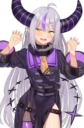  ahoge ascot blush braid collar commentary_request demon_horns female flat_chest grey_hair highres hololive horns la+_darknesss la+_darknesss_(1st_costume) long_hair looking_at_viewer metal_collar open_mouth purple_hair purple_nails purple_thighhighs sidelocks simple_background single_thighhigh solo striped_horns subachi tail thighhighs very_long_hair virtual_youtuber white_background yellow_ascot yellow_eyes 