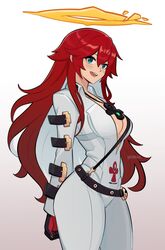  :d absurdres ankh_necklace belt belt_buckle black_gloves bodysuit breasts broken_halo buckle cleavage collared_shirt colored_inner_hair commentary english_commentary female front_slit gloves green_eyes guilty_gear guilty_gear_strive hair_between_eyes halo highres jack-o&#039;_valentine long_hair long_sleeves looking_at_viewer mature_female medium_breasts messy_hair multicolored_hair open_mouth pants plunging_neckline red_gloves red_hair shirt shoulder_belt skin_tight skull_belt smgold smile solo spiked_halo standing too_many too_many_belts two-tone_gloves white_bodysuit white_hair white_pants white_shirt 