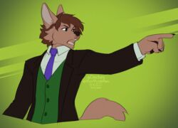  2021 5_fingers anthro brown_hair canid canine canis capcom clothed clothing digital_media_(artwork) fingers fur gesture gyakuten_saiban hair hand_gesture kittydee male mammal nils_rinkan objection! open_mouth pointing solo teeth tongue wolf 