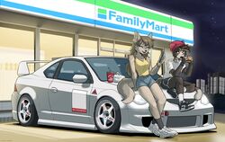  2girls ^_^ air_jordan air_jordan_1 air_max air_max_90 animal_ear_fluff animal_ears animal_nose beanie black_hair black_shorts black_socks body_fur breasts brown_hair burger car cellphone closed_eyes collaboration colored_sclera convenience_store denim denim_shorts familymart flat_chest food furry furry_female hat highres holding holding_food honda honda_integra jollibee jollibee_(mascot) long_hair medium_breasts motor_vehicle multiple_girls night night_sky original phone red_headwear shirt shop short_shorts shorts sitting sky sleeveless sleeveless_shirt smartphone socks sonokido spoiler_(automobile) stance_(vehicle) star_(sky) tail vee_(427deer) vehicle_focus white_footwear white_socks wolf_ears wolf_girl wolf_tail yellow_sclera yellow_shirt 