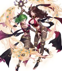  2girls anklet ass bodysuit breasts brown_hair cleavage criss-cross_halter dorothea_arnault dorothea_arnault_(plegian) ekao feathers fingernails fire_emblem fire_emblem:_genealogy_of_the_holy_war fire_emblem:_three_houses fire_emblem_heroes full_body green_eyes green_hair hair_ornament halterneck highres holding jewelry large_breasts leg_up lene_(fire_emblem) lene_(plegian)_(fire_emblem) lips loincloth long_hair looking_away midriff multiple_girls nail_polish navel non-web_source official_art one_eye_closed open_mouth pelvic_curtain revealing_clothes shiny_clothes skin_tight smile soles stomach tied_hair toe_ring toeless_footwear toeless_legwear toes transparent_background 