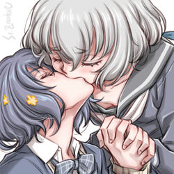  2girls artist_name black_sailor_collar black_serafuku blue_hair blue_ribbon closed_eyes commentary_request grey_hair hair_ribbon holding_hands interlocked_fingers kissing konno_junko mizuno_ai multiple_girls ribbon sailor_collar school_uniform serafuku short_hair simple_background studiozombie white_background yuri zombie_land_saga 