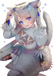  2p_(nier:automata) 2p_(nier:automata)_(cosplay) animal_ears bad_id bad_twitter_id black_thighhighs blue_eyes blush boots breasts cat_ears cat_tail circlet cleavage cleavage_cutout clothing_cutout commentary_request cosplay downblouse dress earrings feather_trim female final_fantasy final_fantasy_xiv from_above gold halo hanato_(seonoaiko) head_tilt highres jewelry looking_at_viewer looking_up medium_breasts medium_hair miqo&#039;te mole mole_under_eye nier:automata nier_(series) no_blindfold oerba_yun_fang open_mouth puffy_short_sleeves puffy_sleeves see-through short_sleeves sitting skin_fang solo swept_bangs tail thighhighs thighhighs_under_boots wariza warrior_of_light_(ff14) white_background white_dress white_footwear white_hair 