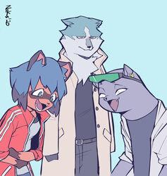  2020 anthro blue_hair brand_new_animal brown_body brown_fur canid canine canis clothed clothing digital_media_(artwork) ear_piercing ear_ring eyewear female fur glasses green_eyes grey_body grey_fur group hair happy laugh laughing_wolves_meme male mammal marie_itami meme michiru_kagemori mink mustelid musteline nizmus open_mouth overcoat piercing raccoon_dog ring_piercing shirou_ogami simple_background smile studio_trigger tanuki topwear true_musteline upset white_body white_fur wolf 