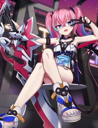  :d absurdres arm_up armpits bad_id bad_twitter_id bare_legs bare_shoulders black_choker black_gloves black_shorts blue_eyes blue_nails choker crossed_legs fangs female gloves highres holding holding_sword holding_weapon honkai_(series) honkai_impact_3rd huge_weapon long_hair looking_at_viewer multicolored_hair nail_polish outstretched_arm rozaliya_olenyeva rozaliya_olenyeva_(fervent_tempo) shirt short_shorts shorts sitting sleeveless sleeveless_shirt smile solo sword tail thighs toeless_footwear toenail_polish toenails twintails two-tone_hair v weapon white_shirt wristband yakob_labo 