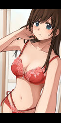  blue_eyes bra brown_hair commentary female highres letterboxed lingerie mole mole_under_mouth navel original panties red_bra red_panties selfie setu_kurokawa solo underwear underwear_only 