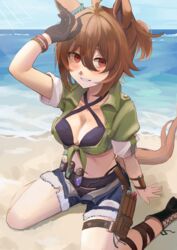  absurdres agnes_tachyon_(lunatic_lab)_(umamusume) agnes_tachyon_(umamusume) ahoge animal_ears arm_up beach bikini black_bikini black_footwear blue_sky blush bracelet breasts brown_hair cleavage cleavage_cutout clothing_cutout commentary criss-cross_halter cross-laced_footwear denim denim_shorts female green_shirt grin hair_between_eyes halterneck highres horse_ears horse_girl horse_tail jewelry kii-kun_(agnes_tachyon)_(umamusume) medium_breasts navel nida_keita official_alternate_costume on_ground open_clothes open_fly open_shorts sand shirt short_hair shorts sitting sky sleeves_rolled_up smile solo summer swimsuit tail test_tube thigh_strap tied_shirt umamusume wariza water 