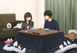  1boy black_hair brown_eyes brown_hair cellphone chopsticks commentary controller couch cup cup_ramen drinking_glass female food highres indoors instant_soba kotatsu long_hair maruchan_midori_no_tanuki_tensoba noodles original phone pillow remote_control setu_kurokawa smartphone soba steam table tissue_box trash_can 