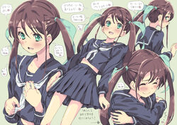  1boy :d ^_^ blue_sailor_collar blue_serafuku blue_skirt blush bow brown_hair closed_eyes crossdressing from_side green_eyes green_ribbons homing_(areya) long_hair male_focus midriff midriff_peek original otoko_no_ko ribbon sailor_collar school_uniform self_hug serafuku skirt smile translation_request 