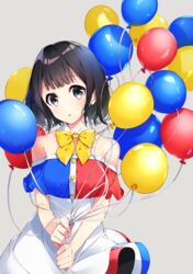  absurdres balloon bare_shoulders black_eyes black_hair blue_dress bon_(bonbon315) bow bowtie breasts collarbone commentary_request dress female highres holding holding_balloon medium_breasts multicolored_clothes multicolored_dress original parted_lips red_dress short_hair short_sleeves solo strapless strapless_dress white_dress yellow_bow yellow_bowtie 