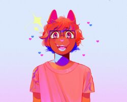  domestic_cat eyewear fangs felid feline felis female fur glasses hair heart_symbol hi_res junkochi mammal nonbinary_(lore) open_mouth pink_background pink_body pink_eyes pink_fur pink_hair simple_background solo teeth 