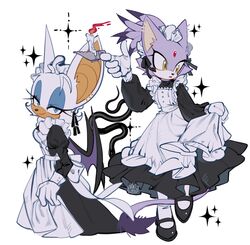  2girls 3mia_hadi3 animal_ears apron bad_id bad_twitter_id bat_ears bat_girl bat_wings black_footwear blaze_the_cat blue_eyes blue_eyeshadow candle cat_ears cat_girl cat_tail eyelashes eyeshadow forehead_jewel furry furry_female gloves highres holding holding_candle maid maid_apron maid_headdress makeup multiple_girls pantyhose ponytail purple_fur rouge_the_bat simple_background smile snake sonic_(series) sparkle tail white_background white_fur white_gloves white_pantyhose wings yellow_eyes 