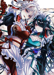  2girls :d absurdres alternate_costume aqua_hair arknights black_hair blue_skin blush breasts cleavage colored_skin dragon_girl dusk_(arknights) earrings enmaided eyeliner frills hair_over_one_eye hand_fan highres holding holding_fan horns jewelry long_hair looking_at_viewer maid maid_headdress makeup multicolored_hair multiple_girls nian_(arknights) open_mouth pointy_ears red_skin sash senju_yosiyuki siblings sisters smile streaked_hair white_hair 