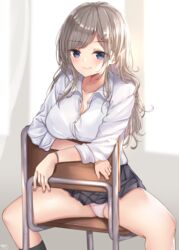  akino_ell artistic_error bad_id bad_pixiv_id black_skirt black_socks blue_eyes blush breasts chair collarbone collared_shirt earrings female grey_hair hair_ornament hairclip highres indoors jewelry large_breasts long_hair long_sleeves looking_at_viewer miniskirt original panties pantyshot pleated_skirt polka_dot polka_dot_panties school_chair shirt sitting sitting_backwards skirt smile smug socks solo stud_earrings thighs underwear white_panties white_shirt wrong_hand 