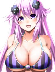  :d adult_neptune arms_behind_back bare_shoulders bikini blush breasts cleavage collarbone d-pad d-pad_hair_ornament doria_(p_f_dolia) female gem hair_ornament highres large_breasts looking_at_viewer neptune_(series) open_mouth purple_bikini purple_eyes purple_hair shin_jigen_game_neptune_vii sidelocks simple_background smile solo striped_bikini striped_clothes swimsuit underboob upper_body vertical-striped_bikini vertical-striped_clothes white_background 