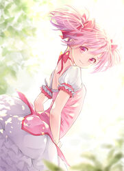  arms_at_sides backlighting bare_back blurry blurry_background breasts bubble_skirt choker closed_mouth commentary dappled_sunlight depth_of_field dutch_angle female floating_hair frilled_skirt frilled_sleeves frills hair_ribbon happy highres kaname_madoka kaname_madoka_(magical_girl) looking_afar looking_at_viewer looking_back mahou_shoujo_madoka_magica mahou_shoujo_madoka_magica_(anime) pink_choker pink_eyes pink_hair pink_ribbon puffy_short_sleeves puffy_sleeves ribbon ribbon_choker riri_(ririwaldorf) short_sleeves short_twintails skirt small_breasts smile solo sunlight symbol-only_commentary twintails upper_body white_skirt 