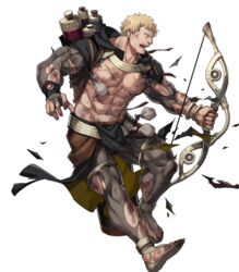  1boy abs bangle bara bare_pectorals belt bike_shorts black_capelet blonde_hair bodystocking bow_(weapon) bracelet bruise capelet collarbone cuts dai-xt dirty dirty_clothes dirty_face fire_emblem fire_emblem:_three_houses fire_emblem_heroes full_body gem highres holding holding_bow_(weapon) holding_weapon hood hood_down hooded_capelet injury jewelry male_focus muscular muscular_male navel no_nipples non-web_source official_art open_mouth pectorals pelvic_curtain pouch raphael_kirsten raphael_kirsten_(plegian) red_gemstone rope sandals short_hair simple_background solo standing stomach sweat teeth thighs tongue torn_clothes transparent_background weapon yellow_eyes yellow_footwear 