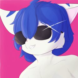  1:1 anthro bangs blue_hair chad_(meme) chocomint_texa digital_media_(artwork) eyewear fur gigachad hair hi_res icon kemono looking_away male meme multicolored_body multicolored_fur nude pink_background pink_nose shaded simple_background smile solo sunglasses texa_(chocomint_texa) two_tone_body two_tone_fur white_body white_fur 