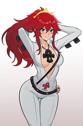  adjusting_hair alternate_hairstyle ankh_necklace belt belt_buckle between_breasts bodysuit breasts breasts_apart broken_halo buckle collared_shirt commentary english_commentary female front_slit green_eyes grin guilty_gear guilty_gear_strive hair_between_eyes halo high_ponytail highres jack-o&#039;_valentine jewelry long_hair long_sleeves looking_at_viewer mature_female medium_breasts pants parted_lips pendant plunging_neckline red_hair shirt shoulder_belt skin_tight skull_belt smgold smile solo spiked_halo standing too_many too_many_belts white_bodysuit white_pants white_shirt 