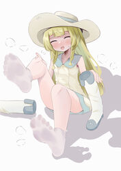  :d absurdres bare_legs blonde_hair blunt_bangs blush boots braid closed_eyes collared_dress commentary_request commission dress facing_viewer feet female flying_sweatdrops hat highres holding holding_boots holding_clothes holding_footwear knees lillie_(pokemon) long_hair lts_kakuyo open_mouth pokemon pokemon_sm short_dress sitting skeb_commission sleeveless sleeveless_dress smile socks soles solo sweatdrop twin_braids unworn_boots white_background 