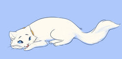  2017 blue_background blue_sclera collar danadelions disney domestic_cat duchess_(aristocats) felid feline felis female feral fur mammal open_mouth simple_background smile solo the_aristocats whiskers white_body white_fur 