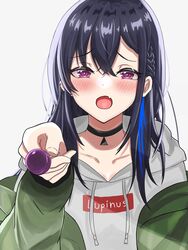  :o akue blue_hair blush candy collarbone female food green_jacket grey_hoodie half-closed_eyes highres holding holding_candy holding_food holding_lollipop hood hoodie ichinose_uruha ichinose_uruha_(2nd_costume) incoming_food jacket lollipop lupinus_virtual_games multicolored_hair oerba_yun_fang off_shoulder open_mouth portrait purple_eyes skin_fang solo streaked_hair virtual_youtuber vspo! 