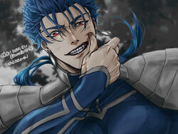  1boy armor blood blood_on_face blue_hair closed_mouth cu_chulainn_(fate) cu_chulainn_(fate/stay_night) earrings fangs fate/stay_night fate_(series) grin highres jewelry long_hair looking_at_viewer male_focus pauldrons ponytail protected_link red_eyes shoulder_armor slit_pupils smile solo spiked_hair twitter_username wiping_mouth yanaki_(ynyaan_3) 