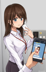  blue_eyes blush breasts brown_hair cellphone commentary earrings elevator female highres holding holding_phone id_card jewelry large_breasts lingerie long_hair looking_at_viewer mole mole_under_mouth office_lady original out_of_frame phone pov selfie setu_kurokawa smartphone solo_focus translated underwear 