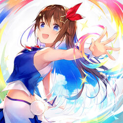  :d amagai_tarou armpits bare_shoulders blue_eyes blue_skirt blue_vest bow bowtie breasts brown_hair cloud commentary_request crop_top cropped_shirt cropped_vest female hair_flaps hair_ornament hair_ribbon hairclip highres hololive large_breasts long_hair looking_at_viewer midriff miniskirt open_mouth outstretched_arm pleated_skirt rabbit_tail red_ribbon ribbon shirt skirt sleeveless sleeveless_shirt smile solo sparkle star_(symbol) star_hair_ornament tail tokino_sora tokino_sora_(1st_costume) upper_body vest virtual_youtuber waist_cape white_shirt wrist_cuffs 