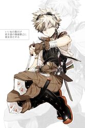  1boy bakugou_katsuki black_footwear blonde_hair boku_no_hero_academia boots brown_gloves brown_pants drawing_sword fingerless_gloves frown gloves goggles goggles_on_head holding holding_sword holding_weapon knee_pads male_focus maneki-neko_(fujifuji) multiple_swords pants red_eyes solo spiked_hair steampunk sword weapon 