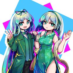  2girls anmita_(rarutos) black_pants bow bowtie china_dress chinese_clothes coat collared_shirt commentary_request dress eyes_visible_through_hair green_bow green_bowtie green_coat green_dress green_eyes green_hairband green_vest grey_hair hairband hitotachi_ren hitotachi_ten holding_hands infinite_blade_pavilion long_hair multiple_girls open_clothes open_coat open_mouth pants shirt short_hair sleeveless sleeveless_dress touhou v vest white_shirt 