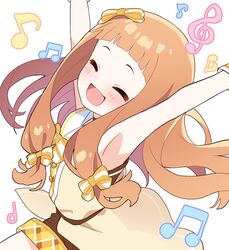  ^_^ armpits arms_up blunt_bangs blush brown_hair closed_eyes euphoniummatsu female highres ichihara_nina idolmaster idolmaster_cinderella_girls low-tied_sidelocks musical_note outstretched_arms shirt shorts simple_background sleeveless sleeveless_shirt smile solo white_background 