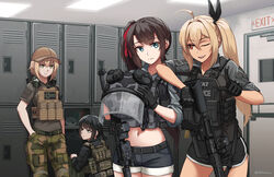  4girls ;d ahoge belt belt_buckle black_belt black_gloves black_jacket black_ribbon black_shorts blonde_hair bow brown_hair buckle camouflage camouflage_pants closed_mouth commentary_request commission crop_top door english_commentary gloves grey_headwear grey_jacket gun h&amp;k_mp7 hair_between_eyes hair_intakes hair_ribbon hairbow hand_in_pocket helmet highres holding holding_helmet indoors jacket locker locker_room midriff multiple_girls navel ndtwofives one_eye_closed one_side_up original pants red_bow red_eyes ribbon short_sleeves shorts side_ponytail smile squatting submachine_gun termichan_(not-a-bot) unworn_headwear unworn_helmet visor_(armor) weapon yellow_eyes 