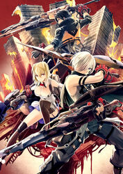  2boys ahoge backpack bag black_gloves black_legwear blonde_hair breasts building claire_victorious cleavage crop_top detached_collar dual_wielding female fingerless_gloves garter_straps gloves god_eater god_eater_3 grey_eyes hair_between_eyes hair_over_one_eye hair_ribbon highres holding hugo_pennywort kneehighs large_breasts miniskirt multiple_boys non-web_source official_art pink_eyes player_(god_eater_3) polearm randoseru ribbon ruins short_hair single_kneehigh single_sock single_thighhigh skirt sleeveless socks strapless sword thighhighs tube_top weapon white_hair 