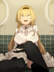  bathroom black_panties black_thighhighs blonde_hair bra_visible_through_clothes breasts brooch commentary_request commission constricted_pupils dress female hairband highres idolmaster idolmaster_cinderella_girls jewelry kurosaki_chitose large_breasts long_hair nervous_sweating oerba_yun_fang on_floor panties pantyshot red_eyes scared sitting skeb_commission solo sweat takato_kurosuke thighhighs underwear urinal white_dress wide-eyed 